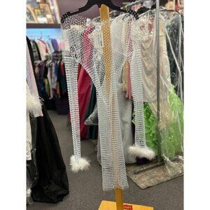 12th Tribe Ladies Large White Rhinestone Mesh See-Through Long Sleeve Top With F